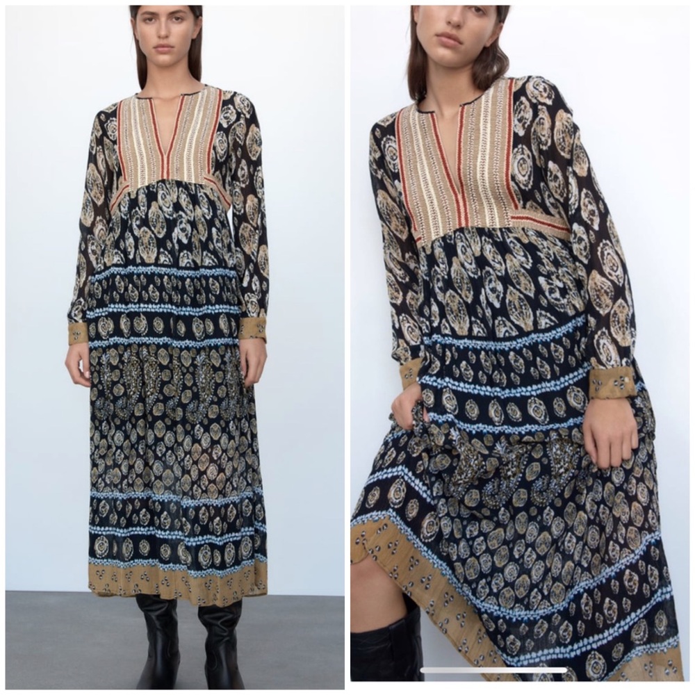 Zara printed flowy tunic dress handcrafted embroidery appliqué , boho